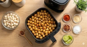 Step-by-step air fryer makhana recipe preparation with spices and raw fox nuts.