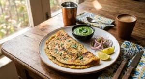 Golden brown Moong Dal Chilla served with green mint chutney on a white ceramic plate.