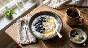 A high-fiber breakfast bowl with chia seeds, berries, and hot honey for gut health and fibermaxxing.
