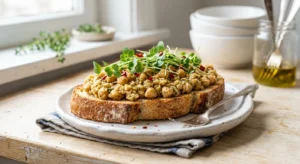 Savory smashed chickpea toast on sourdough bread, a quick egg-free high-protein breakfast idea.