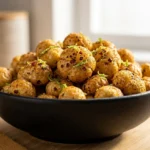 A bowl of crispy spiced air-fryer makhana coated in peri-peri seasoning for a healthy high-protein snack.