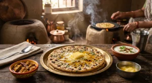 Thick butter-topped Aloo Paratha with spicy mango pickle and fresh yogurt on a traditional plate.