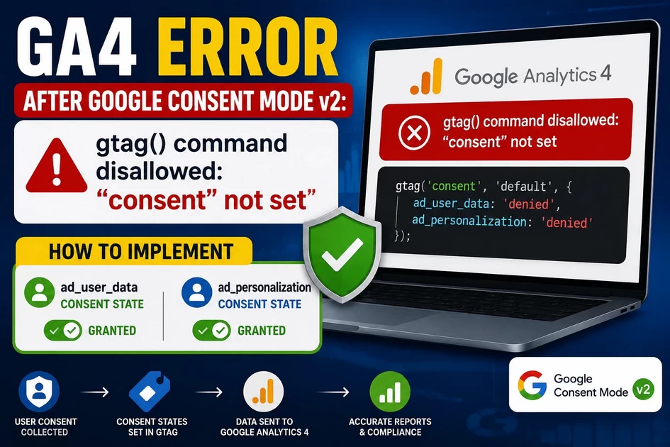 3D illustration of a laptop displaying a Google Analytics 4 dashboard with a warning icon, privacy shield, consent toggle switches, and analytics charts representing the GA4 Consent Mode v2 error and implementation.