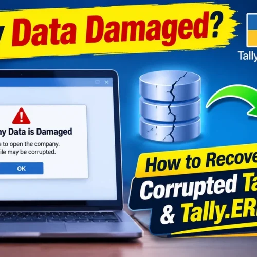 Laptop showing Tally data damaged error with recovery process for corrupted TallyPrime and Tally.ERP 9 company data.