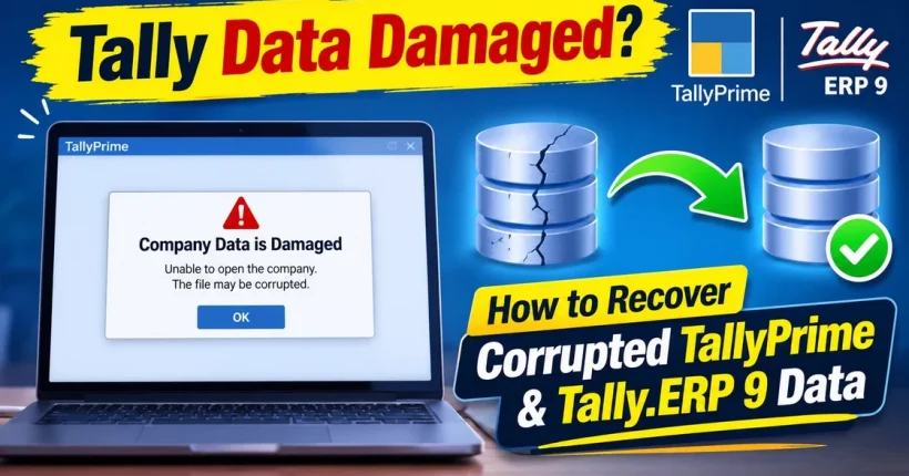 Laptop showing Tally data damaged error with recovery process for corrupted TallyPrime and Tally.ERP 9 company data.