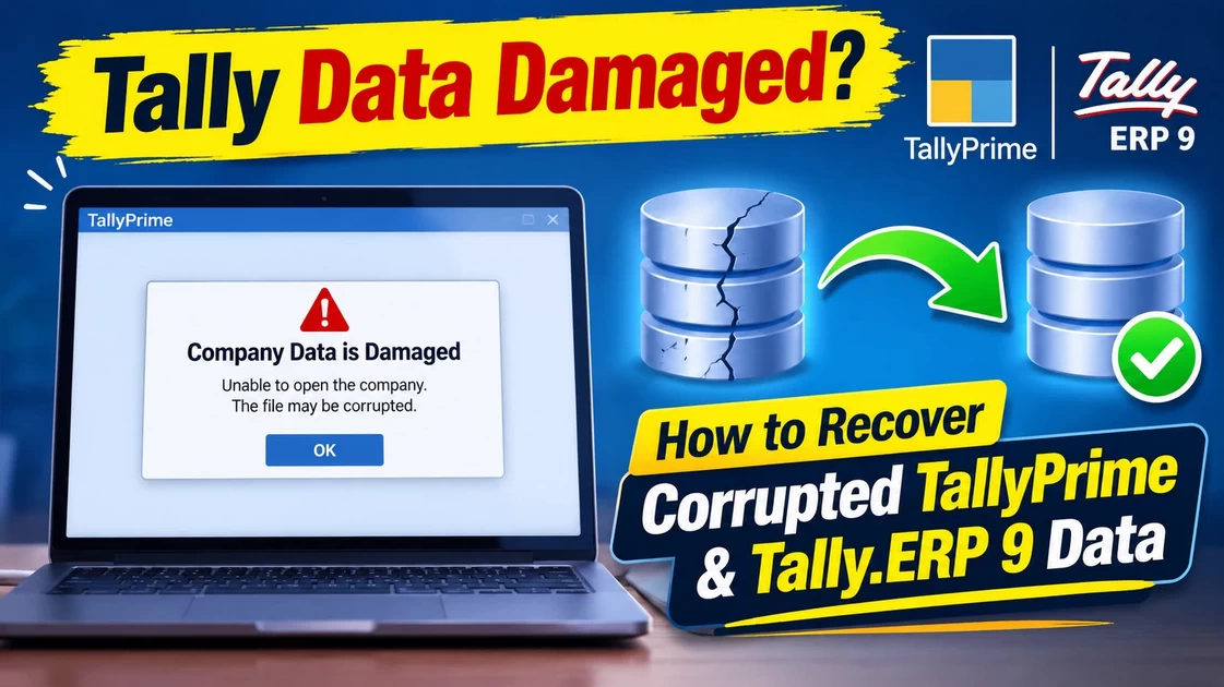 Laptop showing Tally data damaged error with recovery process for corrupted TallyPrime and Tally.ERP 9 company data.