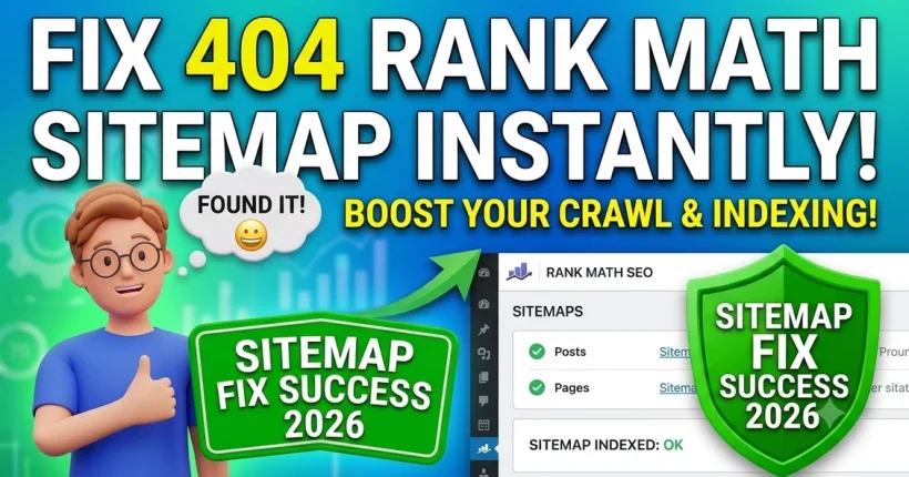 Rank Math sitemap settings page showing 404 error fix steps in WordPress dashboard